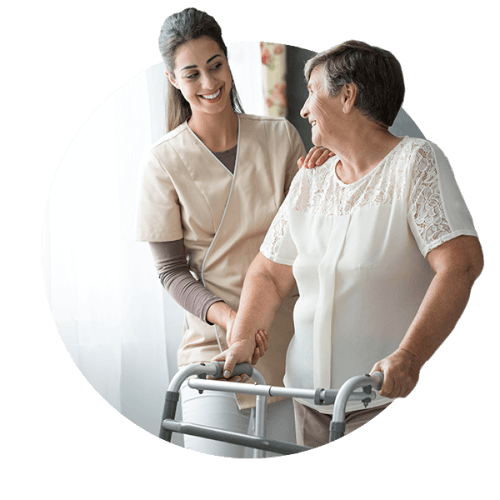 Nurse providing care to woman with walking frame